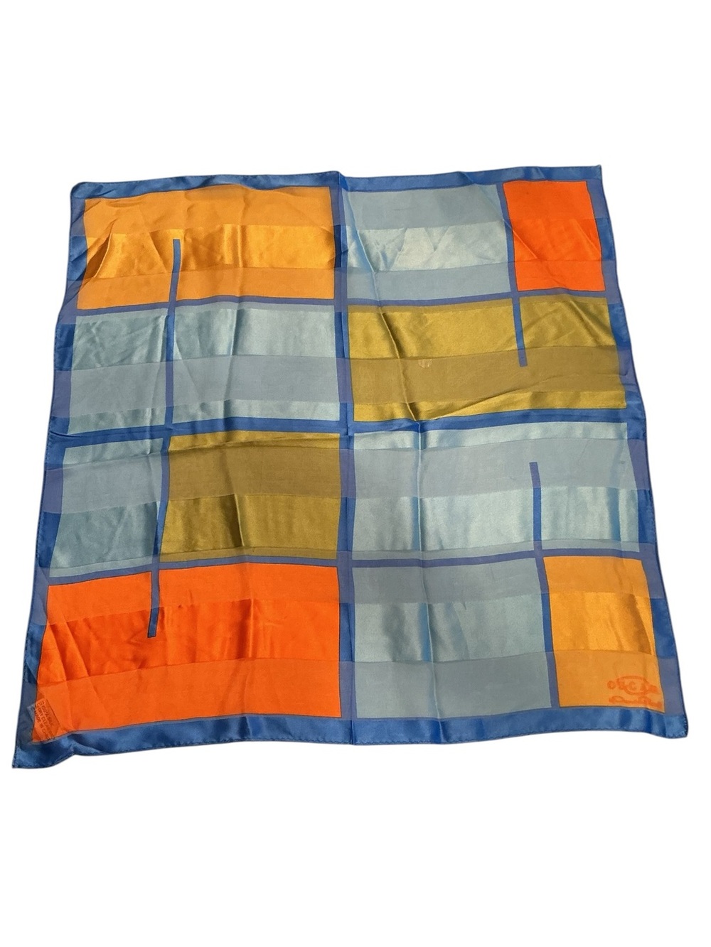 Oscar de la Renta Blue & Gold Colorblock Silk Scarf 21”x 21”